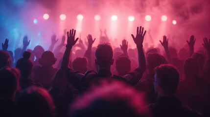 Silhouettes at vibrant concert with colorful lighting effects