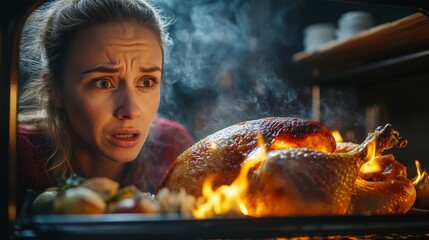 Overcooked Burning Turkey On Fire In The Oven. Kitchen Fail, Thanksgiving Disaster Concept