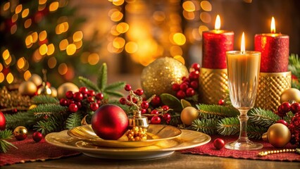 Gold and red Christmas table decoration with dim light candle, Christmas, table, decoration, gold, red, holiday