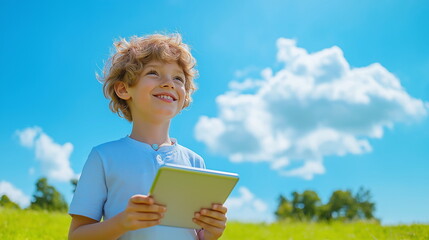 Youthful Boy with Tablet in Playful Advertisement Template for Educational Branding