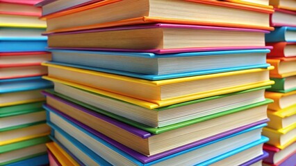 Close up of a stack of colorful books with selective focus, education, reading, literature, knowledge, library, school, study