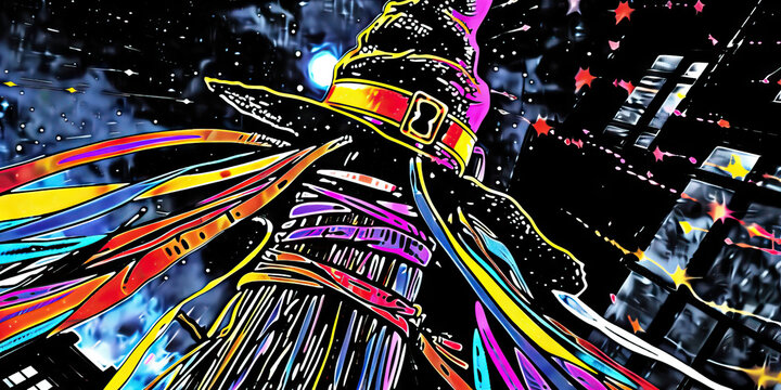 Stylized Witch's Hat and Broomstick with Cosmic Background