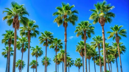 Fototapeta premium Vibrant green palm trees standing tall against a clear blue sky, tropical, exotic, nature, scenic, summer, vacation, paradise
