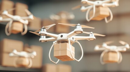 Drones delivering packages in a modern logistics environment.