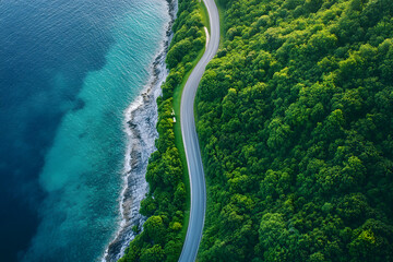 Aerial view of winding coastal road surrounded by lush green forest and turquoise blue sea, scenic drive along nature’s edge, serene travel and adventure concept