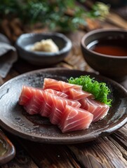 Elegant yellowtail Hamachi sashimi on wooden plate, gourmet Japanese dining