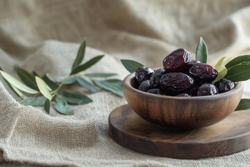 Dried date fruits in wooden bowl, tasty date fruits in woo dates. Islamic arabic food, vegan sugar