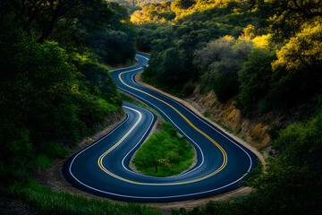 Winding mountain road with sharp curves surrounded by lush green trees, scenic route through nature, perfect for adventure drives, road trips, and exploration