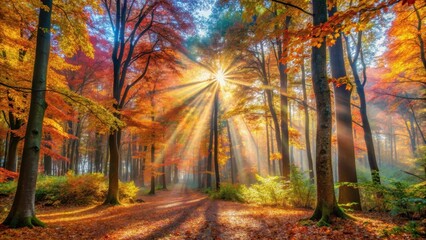 Sun rays filtering through the colorful autumn foliage in a forest , autumn, sun rays, forest, nature, trees, golden