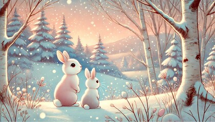 Obraz premium A Heartwarming Late Winter Landscape Featuring Two Rabbits in a Cozy Pastel Setting