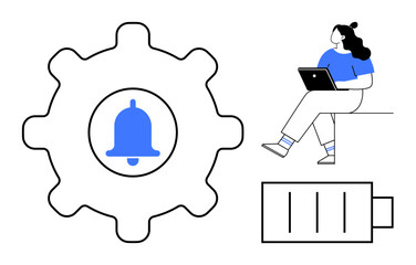 Gear with bell icon for notifications, woman sitting with laptop, battery symbol indicating power level. Ideal for technology, productivity, notifications, work-life balance, digital tools