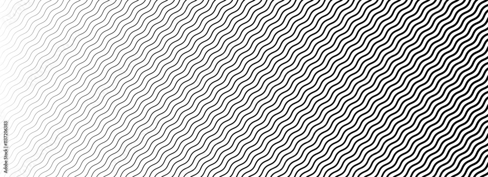 Poster Wavy line geometric gradient pattern. Fading wave halftone gradation. Black and white curved stripe texture wallpaper. Thin to thick strike background for overlay, print, cover, graphic design. Vector