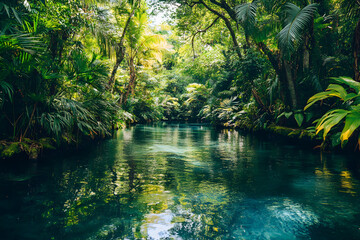 Serene tropical rainforest river with crystal-clear water surrounded by lush green foliage, sunlight filtering through dense trees, perfect for nature lovers and peaceful escapes