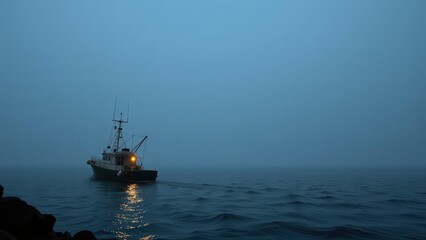 Obraz premium shows a ship sailing through dark, stormy waters. the vessel is lit up with bright lights and has a distinctive shape. it appears to be navigating through heavy rain or fog, making for a dramatic