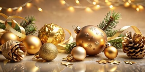 Abstract Christmas background with xmas ornament golden balls, pinecone, ribbon for festive background, Christmas, abstract