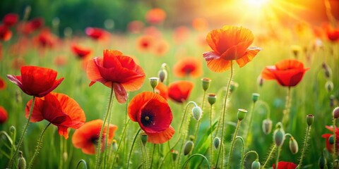 Obraz premium Vibrant red poppies stand out against the lush green grass , nature, flower, flora, red, vibrant, field, meadow, summer