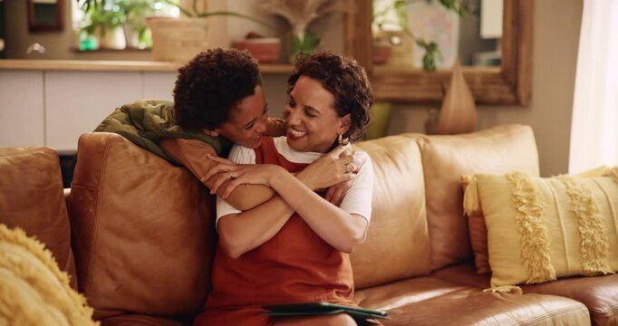 Hug, mom and son in living room, love and bonding with parent, woman and care for child in apartment. Embrace, smile and happy with kid in lounge, home and relax in weekend, family and together