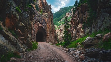 Obraz premium Mountain Road Tunnel Through Rocky Canyon Landscape