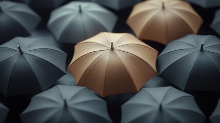 Standing Out From The Crowd Single Mocha Mousse Color Umbrella Amongst Gray Umbrellas
