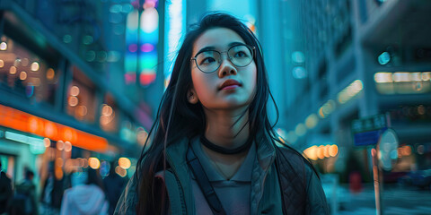 Obraz premium Young Woman in Urban Night Setting