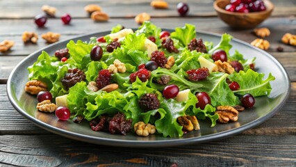 Plate of mixed greens salad topped with walnuts and cranberries, healthy, fresh, food, appetizer, nutritious, vegetarian, colorful
