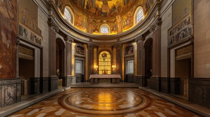 Obraz premium A serene interior of a circular space with ornate ceilings and an altar.