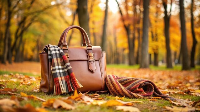 Vintage leather handbag and plaid scarf in autumn park setting , fall, fashion, accessories, classic, retro, style, autumnal