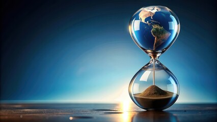 Hourglass with globe and trickle, representing time running out for global issues, hourglass, globe, trickle, time