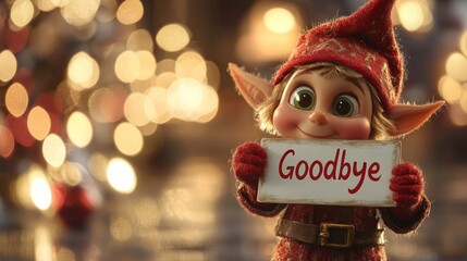 Adorable Toy Elf Holding Goodbye Sign, Magical Christmas Lights Background, Holiday Farewell Theme.