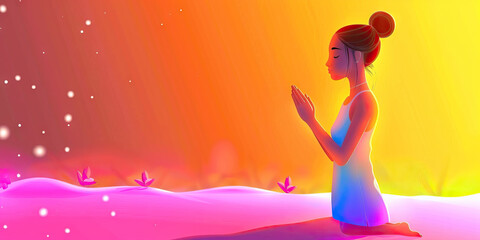 Woman Kneeling in Prayer, Gradient Background, Stylized Flowers