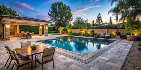 Fototapeta premium Outdoor patio next to a sparkling pool in backyard, pool, outdoor, patio, backyard, relaxation, summer, sunny, chairs
