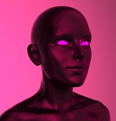 3D illustration of a bald woman on a pink background with neon glowing eyes.