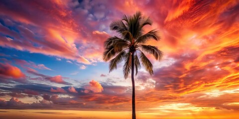 Large palm tree against crimson clouds at sunset, tropical, palm tree, sunset, crimson, clouds, sky, horizon, silhouette, nature