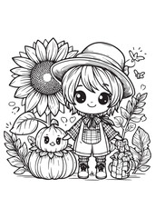 Coloring page cute girl with sun flower 