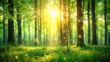 Abstract green forest in sunrise bokeh background, nature, trees, foliage, beauty, environment, lush, peaceful, tranquility