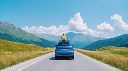 Scenic Road Trip Adventure with Person Sitting on Car Roof against Beautiful Mountain and Sky Background