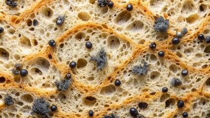 Labyrinth of hyphae and black spores on bread surface, Fungi, microscopic, examination, intricate, highways, interwoven, bread