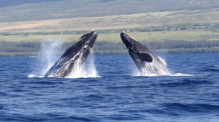 Fototapeta premium Two Humpback Whales Breaching Simultaneously In Ocean