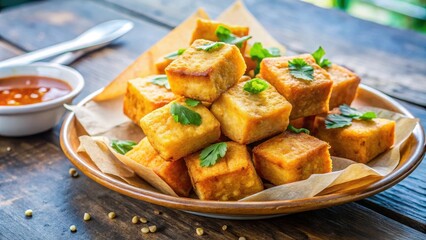 Fried stinky tofu served on a paper plate with dipping sauce at a street food stall , street food, snack