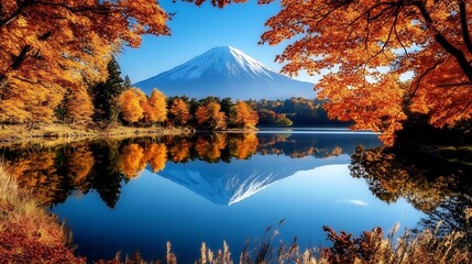 Naklejka premium Majestic Mount Fuji Reflected in Autumnal Lake