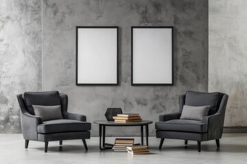 Minimal interior with grey armchairs, a coffee table, books, and empty frames on the wall.