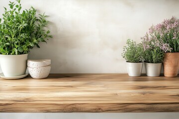 Wooden Tabletop with Plants and White Wall Background