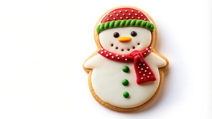 Fototapeta premium Isolated snowman holiday decorated sugar cookie, snowman, holiday, Christmas, cookie, decoration, white, icing, festive, winter