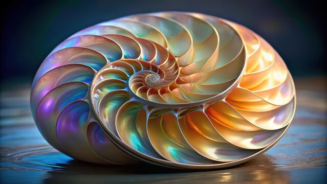 Nautilus shell with iridescent nacre spirals , marine, ocean, mollusc, abstract, background, textured, shell, symmetry