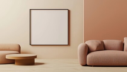 Contemporary family room with empty picture frame, fawn sofa, and coffee table for exhibition.