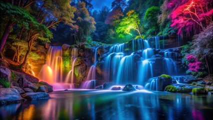 Obraz premium Time-lapse video of a colorful forest waterfall at night, forest, waterfall, time-lapse, vibrant, colors, night, mode