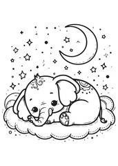 Elephant sleep under moon coloring page design 
