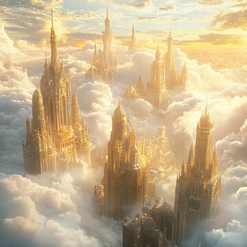 Aerial view of high-rise heaven golden buildings and skyscrapers in the clouds.