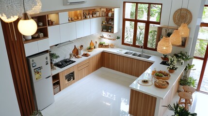 The kitchen of the small two-story house is located