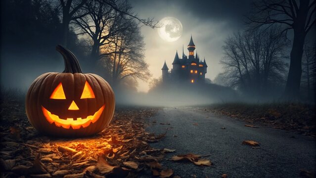 Halloween pumpkin lattern with medieval castle on background
